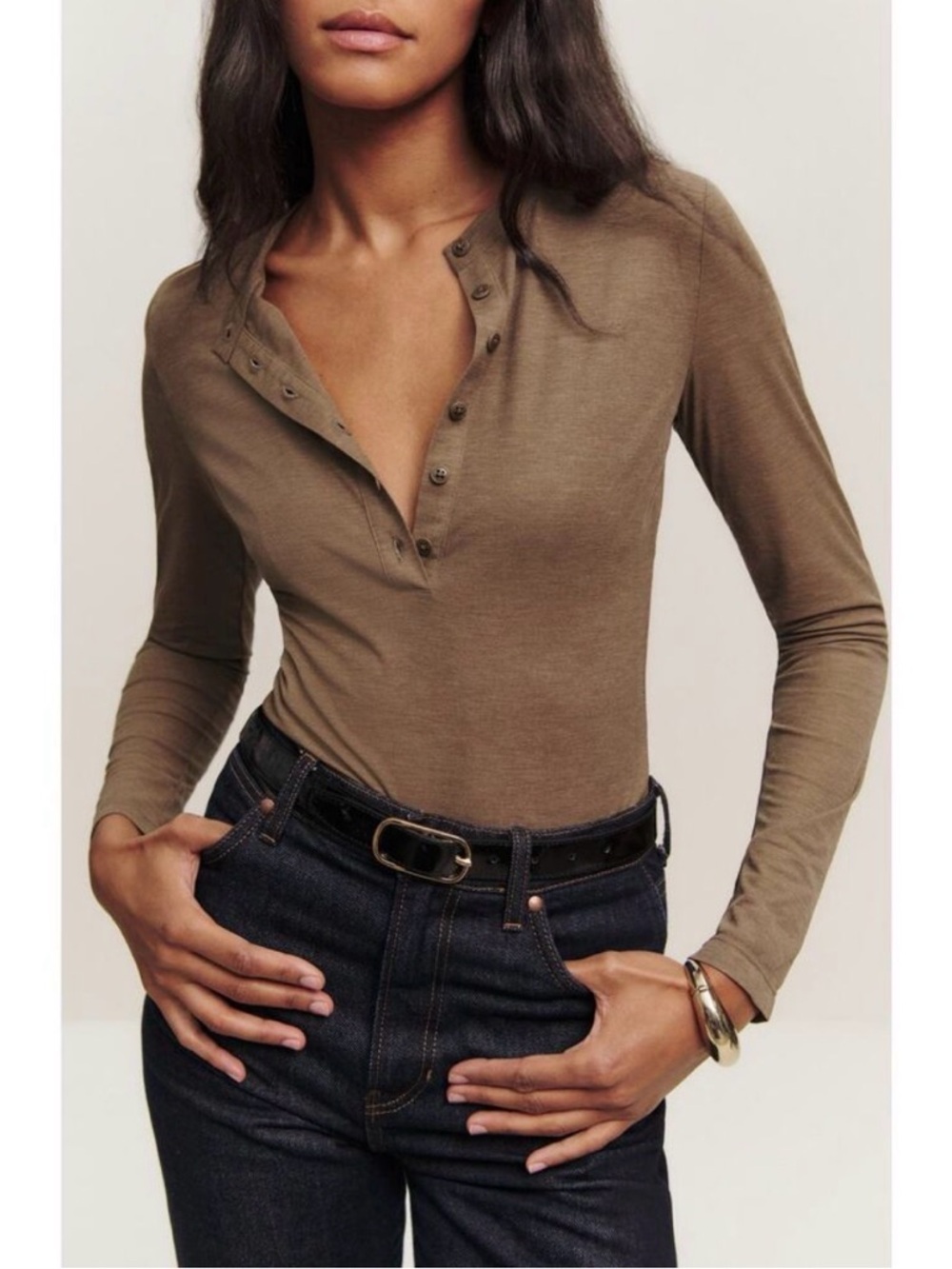 Reformation Womens Harriet Long Sleeve Henley Top Camel Tan Sz M